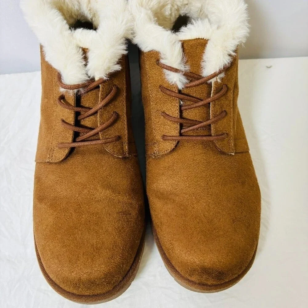 Makalu Ankle‎ Boots Women Brown Faux Fur Trim Lace Up Suede Winter Booties